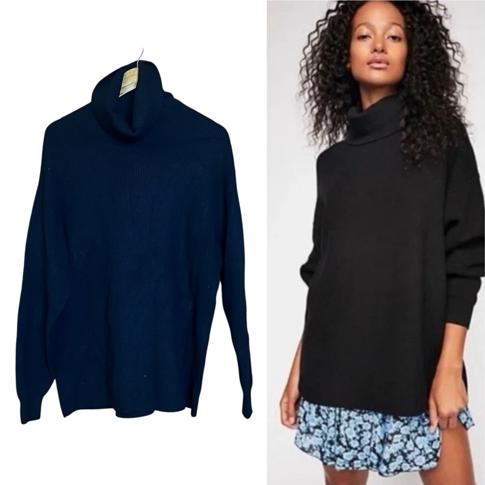 Free People Sweater Black Turtleneck XS Ribbed Slouchy Oversized Dolman Long
